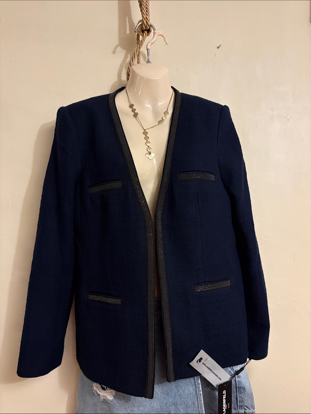 Karl Lagerfeld Navy Blazer with Black Trim Accents. Cotton